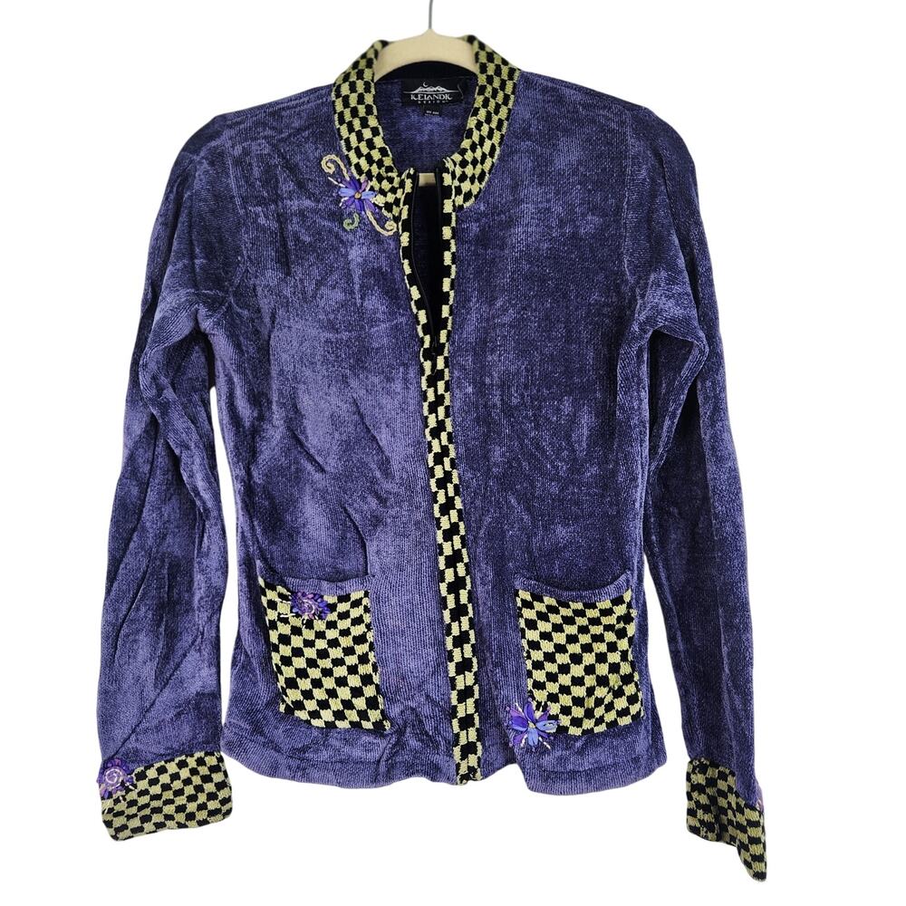Icelandic Design  Purple Full Zip Cardigan Velvety Floral Women's Size Small